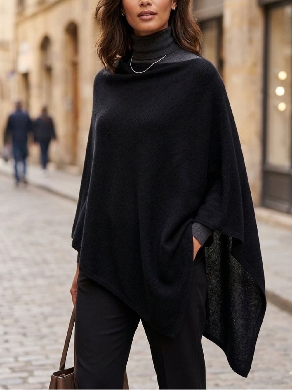 Celeste Black Wool & Cashmere Lightweight Asymmetric Poncho Knit Sweater Sz OS